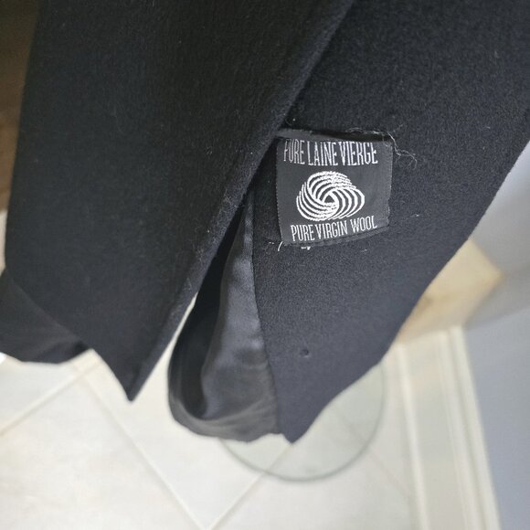 Long Black Wool Coat with Leather Lapels& Tri Burgundy Buttons – Double-Breaste - Picture 4 of 5